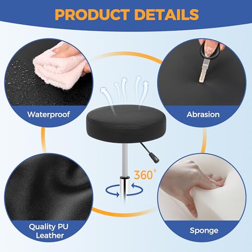 Image of ANWBROAD Round Rolling Stool with Wheels Height Adjustment 360 Swivel Stool Heavy Duty Wide Chair PU Leather Soft Seat Cushion for Massage, Salon, Bar, Home, Office, Tatoo, Medical, Black UWSC001B