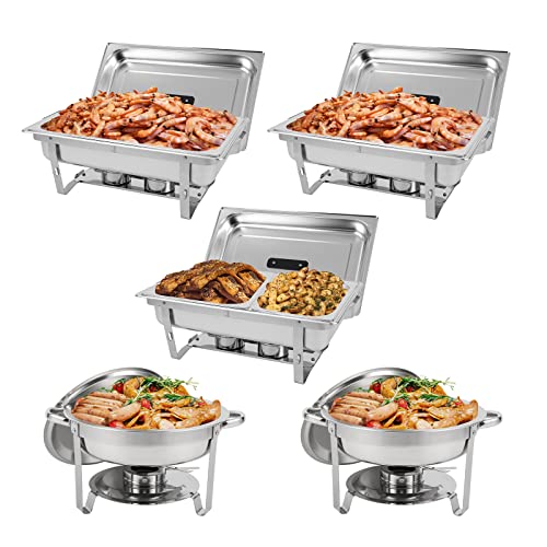 Restlrious Chafing Dish Buffet Set Stainless Steel 5Qt Round & 8Qt Rectangle Foldable Chafers & Buffet Warmers Set, W/Full & Half Size Food Pan, Water Pan, Fuel Holder & Lid For Catering Event, 5 Pk #TOP25