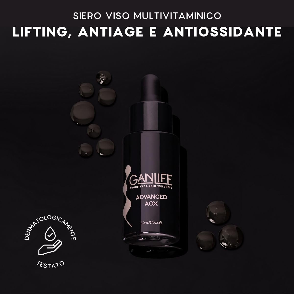 GANLIFE Advanced Aox Suero Facial Cuello Lifting Multivitamínico con Antioxidantes, Acción Antiedad, Reafirmante, Tonificante, Iluminador, con Vit. B, Vit. C, Ácido Hialurónico, 30 ml