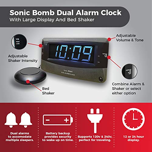 Sonic Alert Dual Extra Loud Alarm Clock With Bed Shaker | Sonic Boom Vibrating Alarm Clock For Heavy Sleepers, Battery Backup | Wake With A Shake #TOP3