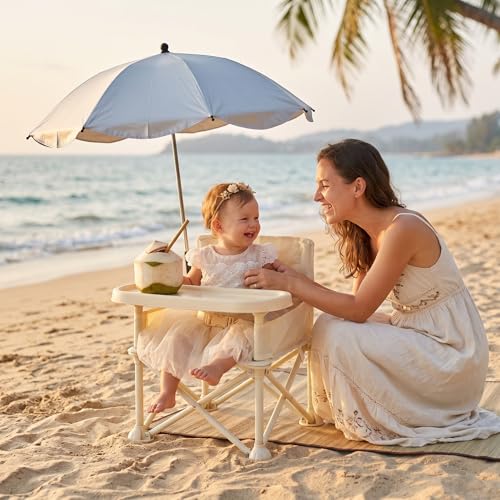 Image of Portable Folding Baby Dining Chair, Outdoor high Chair, Foldable Toddler Feeding seat with Sunshade and seat Belt