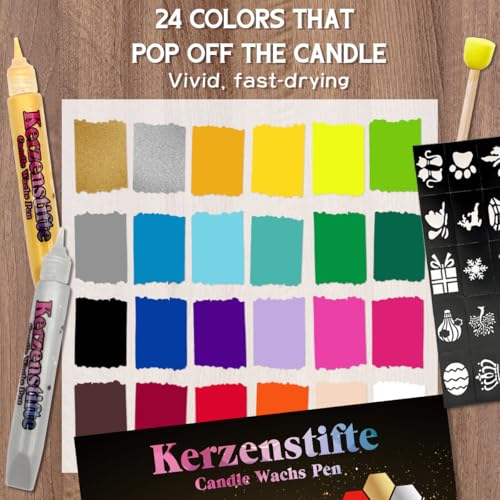 CAwished 10 ml Kerzenstifte Wachsstifte mit vorgestanzten Aufklebern und Schwammwerkzeugen, Kerzen Bemalen Set ideal zum Dekorieren und Gestalten von Wachsstifte für Kerzen (24 Farben)