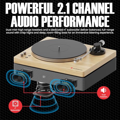 Image of AudioSource Vinyl Record Player, 120W All-in-one Turntable with 2.1 Channel Built-in Speaker, Bluetooth 5.4, Built-in Subwoofer, High Fidelity 2-Speed Belt Drive, Patented Isolation System, Natural