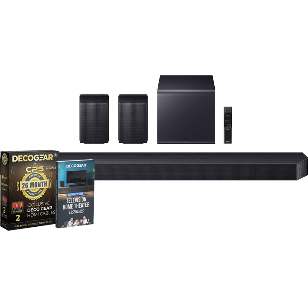 Samsung Q Series Soundbar HW-Q990F 11.1.4 ch Subwoofer + Rear Speaker (2025) Q-Symphony Bundle with CPS Exclusive 26 Month Protection Pack & Deco Gear Complete Home Theater Beginner's Guidebook