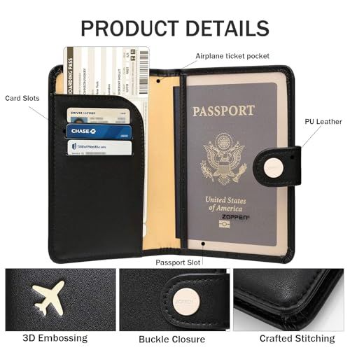 Image of ZOPPEN Passport Holder for Travel Essentials, RFID Blocking PU Leather Water-Resistant Lightweight Passport Cover with Multiple Card Slots, Easy to Carry Travel Wallet for Women Men, Black