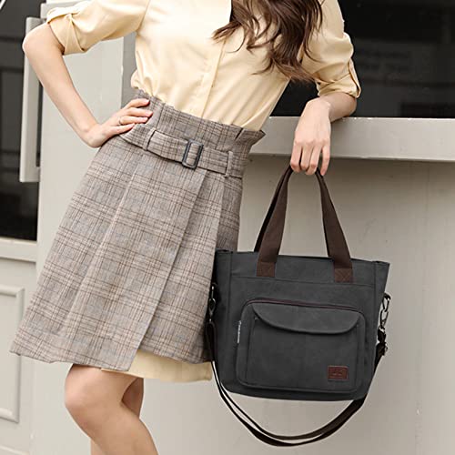 Women's Canvas Top Handle Handbag Stylish Multi-Pocket Shoulder Tote Purse Work Crossbody Bags (Black) One Size #TOP4
