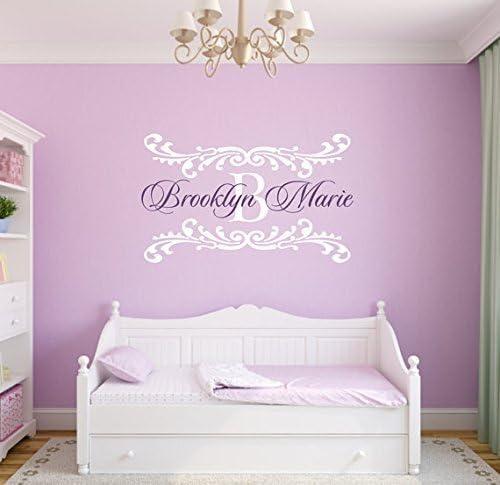 Name Wall Decal Damask Wall Decal Shabby Chic Heart Frame Personalized Name and Initial Vinyl Wall Decal for Girl Baby Nursery (36"H x 59"W)