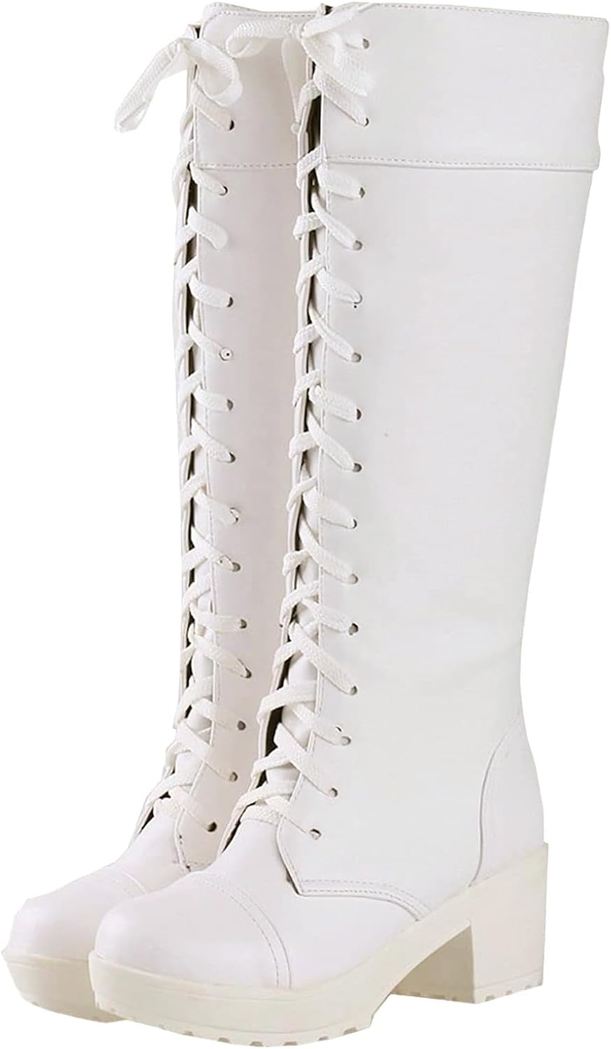 Womens Mid Calf Combat Boots Fashion Low Chunky Heel Lug Sole Fall Heeled Booties Shoes Lace Up Motorcycle Boots Riding Bootie Closed Round Toe Shoes