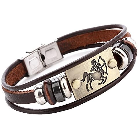 Hamoery Men Punk Beaded Alloy Multilayer Braided Rope Constellation Leather Cuff Bracelet Bangle(Sagittarius) Cover