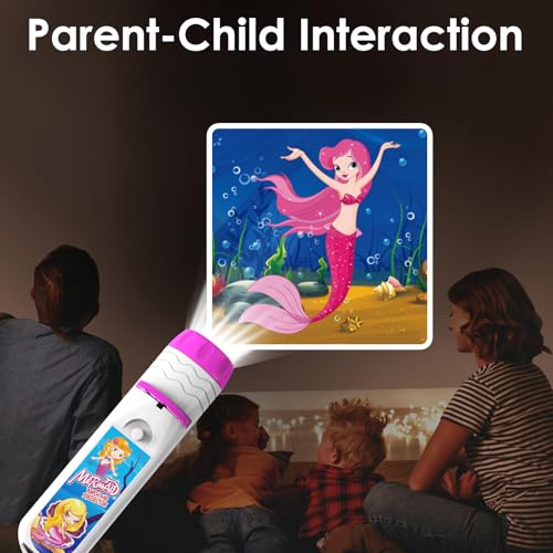Image of Pup Go Mermaid Projector Flashlight for Kids Ages 3+, Ideas Christmas Stocking Stuffers Gifts for Girls, Pink Fairy Little Mermaid Toys, 3 Discs 24 Images, Kid Night Light Projector