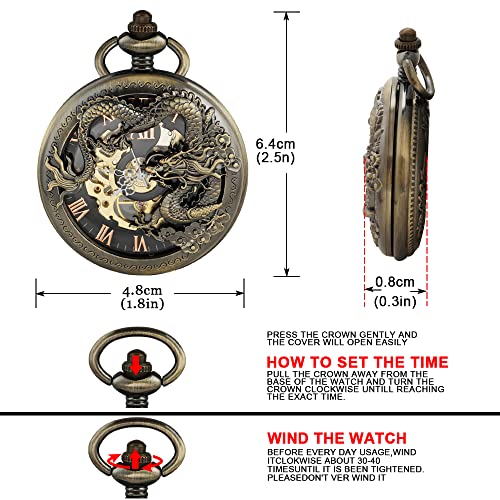 Image of Men's Mechanical Hollow Dragon Design Hand Wind Pocket Watch Roman Numerals Steampunk with Chain Box