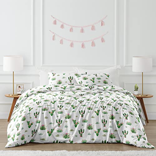 Image of Sweet Jojo Designs Pink and Green Boho Watercolor Cactus Floral Girl Full /Queen Kid Childrens Bedding Comforter Set - 3 Pieces