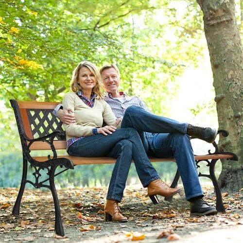 Miniatura 7 de Outvita Banco de jardín de 49.5 pulgadas, asiento de madera dura y banco de parque con reposabrazos de metal para patio, porche delantero, camino,