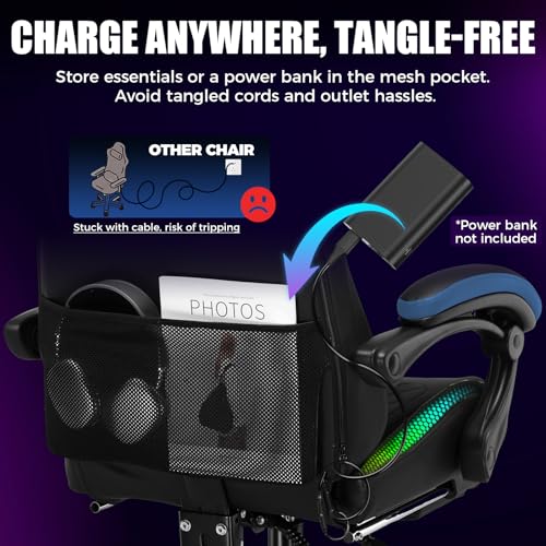 Image of GTPLAYER RGB Gaming Chair with Speakers - LED Computer Game Chair for Adults, PC Home Office Chairs with Footrest & Lights, Reclining Desk Chairs, Blue