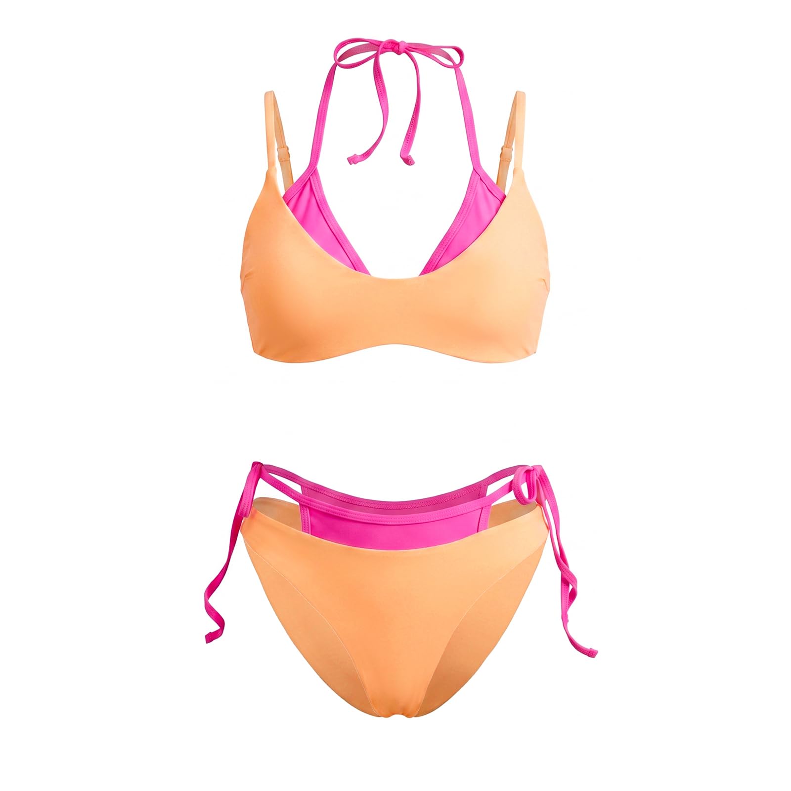 Sexy outfit Damski komplet bikini typu stringi wiązany na szyi Dwuwarstwowy strój kąpielowy z blokiem kolorów, wiązany po bokach na imprezę przy basenie na plaży