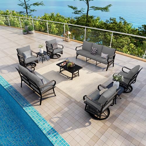 Image of 9 Pieces Patio Conversation Sets, All-Weather Metal Swivel Rocking Chairs with Rope Furniture Set, Outdoor Sofa Couch for Deck, Porch, Garden, Backyard, Poolside (Gray Cushions)
