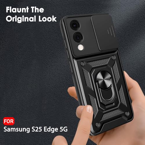 Image of TheGiftKart Tough Armor Bumper Back Cover Case for Samsung Galaxy S25 Edge 5G | Sliding Camera Cover, Kickstand & Ring Holder | 360 Protection Back Cover Case for Samsung S25 Edge (PC & TPU, Black)