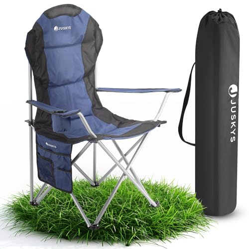 Juskys® Campingstuhl Lido faltbar inkl. Getränkehalter, Seitentasche & Tragetasche - Camping Klappstuhl gepolstert mit Armlehne & Rückenlehne - Blau