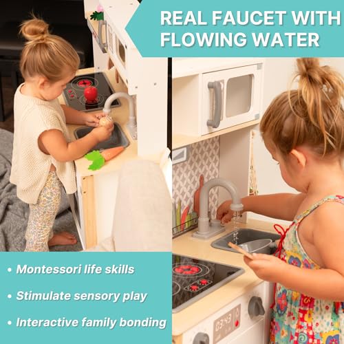 Wooden Play Kitchen for Kids with Working Sink & Faucet Toy – Montessori Sensory Pretend Playset for Toddlers 3-5 – Interactive Kids Kitchen Playset with Lights & Sounds - Image 5