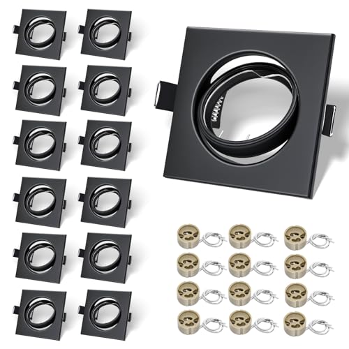 LteelDay 12x Cadres Encastrables LED avec Douille GU10, Carrés Noir Mat en Métal, Découpe 68–80 mm, Orientables à 30°, Incl. Douille GU10 pour Ampoules LED ou Halogènes