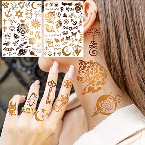 Egmbgm 9 Large Sheets 188+ Pcs Flash Gold Temporary Tattoos For Women Kids Girls Adults, Halloween Golden Animals Tiger Lion Fake Metallic Tattoo Stickers, Gadgets Bohemia Glitter Moon Fake Tattoos #TOP3