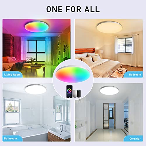 24W Smart Led Ceiling Light Rgb - [Brighter&Efficent]V731 2400Lm Dimmable And Color Changing Flush Mount Lights Fixture ,Compatible With Tuya App/Alexa/Google Home,For Bedroom/Living/Kids Room (12”) #TOP7