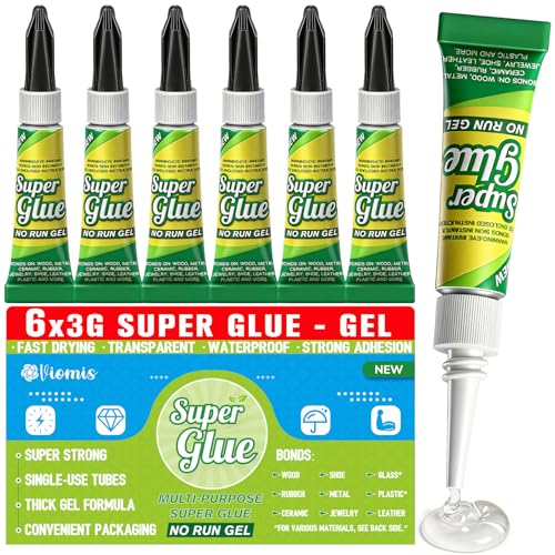 Viomis Super Glue Gel Clear Glue 3 Gram (Pack of 6) - All Purpose Glue for Wood Plastic Metal Instant Superglue All Purpose Multipack Cyanoacrylate Adhesive Repair
