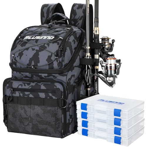 PLUSINNO Fishing Backpack with 4 Tackle Boxes & Cooler, 45L Large Water-resistant Fishing Tackle Bag,Fishing Tackle Backpack Store Fishing Gear For Camping, Hiking, Fishing Gifts for Men Father