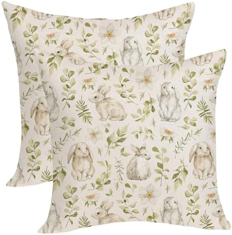 Spring Easter Pillow Covers 18x18 Pack of 2 Bunny Floral Leaf Thr...