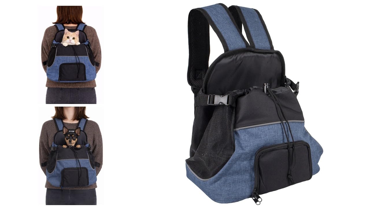 Hunderucksack - Bauchtrage Sybil Blau – 29x23x38cm – Polyester – Reflektoren – Rückenverstärkung – Abnehmbarer Boden – Sicherheitsleine – Schulter- & Taillenriemen