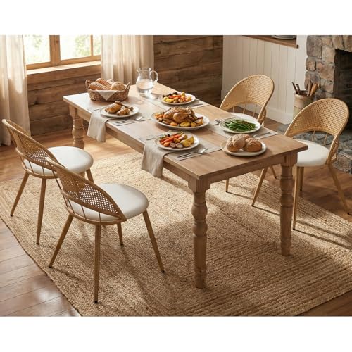 TYBOATLE Rattan Dinner Chairs Set of 4 with Faux Leather Cushion Modern Dining Room Chairs w/Adjustable Foot Pads Kitchen Boho Chairs Mid Century Upholstered White