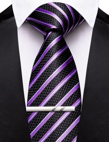 Image of Barry.Wang Silk Men Ties Formal Stripes Necktie and Tie Clip for Wedding Party Business Fashion Classic