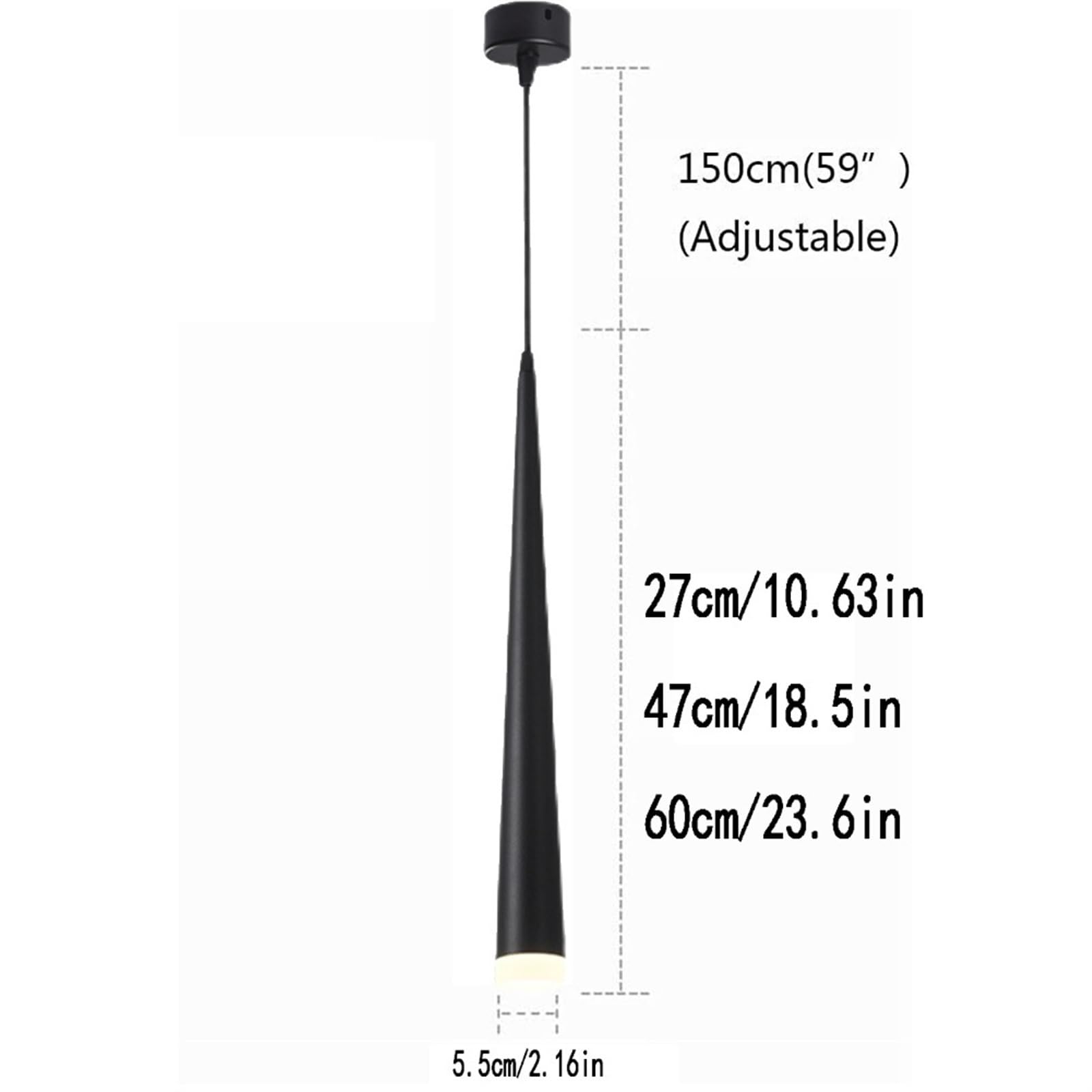 Lámpara Colgante Minimalista de Cilindro de Aluminio con Led, Tubo Largo, para Isla de Cocina, Araña de Altura Ajustable para Restaurante, Dormitorio, Mesita de Noche (Luz Blanca, 50 Cm/19,6 Pulgadas)
