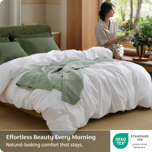 Image of Bedsure PureWoven 100% Washed Cotton Duvet Cover Only, Queen, Bright White | 1 Duvet Cover, No Pillow Shams, Linen Like Textured, Lightweight & Breathable for All Seasons, Zipper Closure, 8 Corner Ties