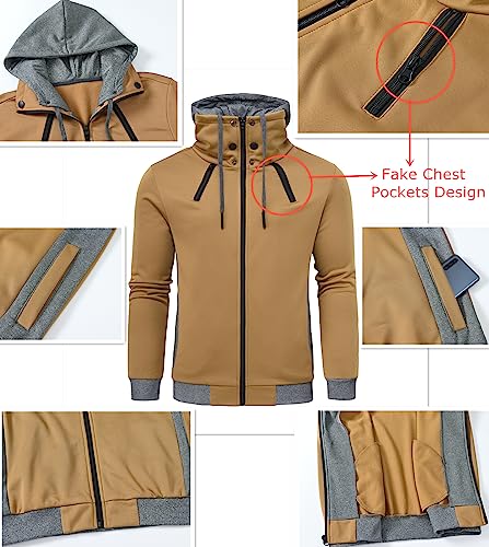 Image of YuKaiChen Men's Hooded Jacket Slim Fit Double Zipper Turtleneck Fleece Hoodie Outerwear