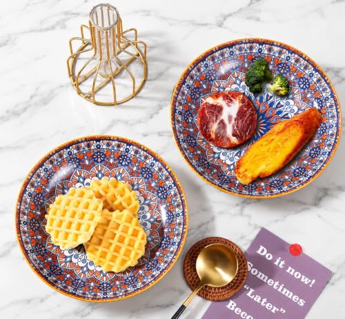 Image of Ceramic Serving Plate, Decorative Mandala Design Pasta & Salad Plates, Deep Dinner Plate for Snacks, Fruits, Soup & Serving, Blue Orange Patterned Kitchen Tableware (Mandala PATTERN, PACK OF 2)