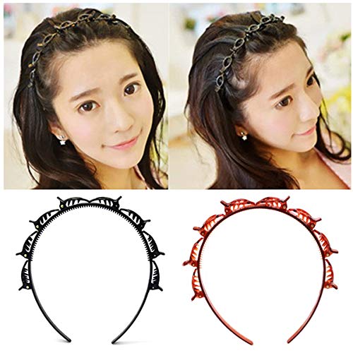 Double Bangs Hairstyle Hairpin headband, Double Layer Twist Plait Headband Hair Tools, Double Bangs Headband with 8 Small Clips, Multi-Layer Hollow Woven Headband (2Pcs,Balck&Brown)