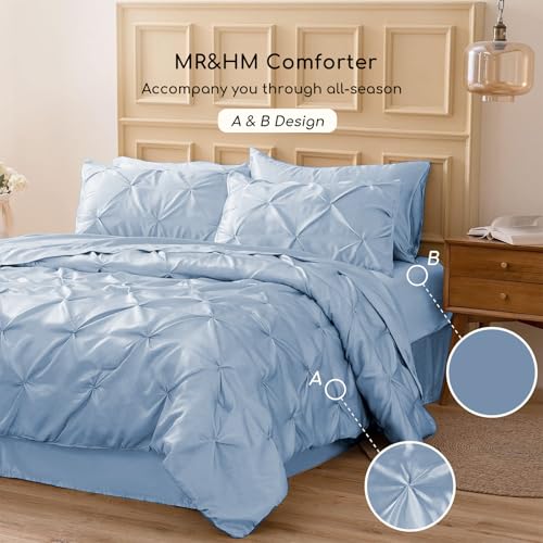 MR&HM Satin Comforter King 7 Pieces - Luxurious Pinch Pleat Bedding Set with Comforter, Flat Sheet, Fitted Sheet, Pillowcases & Shams, Super Silky Soft Bed Set for All Season (King, Blue Haze)