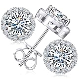 Moissanite Halo Stud Earrings Screw Back 0.2CT 3MM*2 18K White Gold Plated 925 Sterling Silver Lab Round Cut Brilliant D Color VVS1 Clarity Moissanite Halo Earrings for Women Men -  Gugots