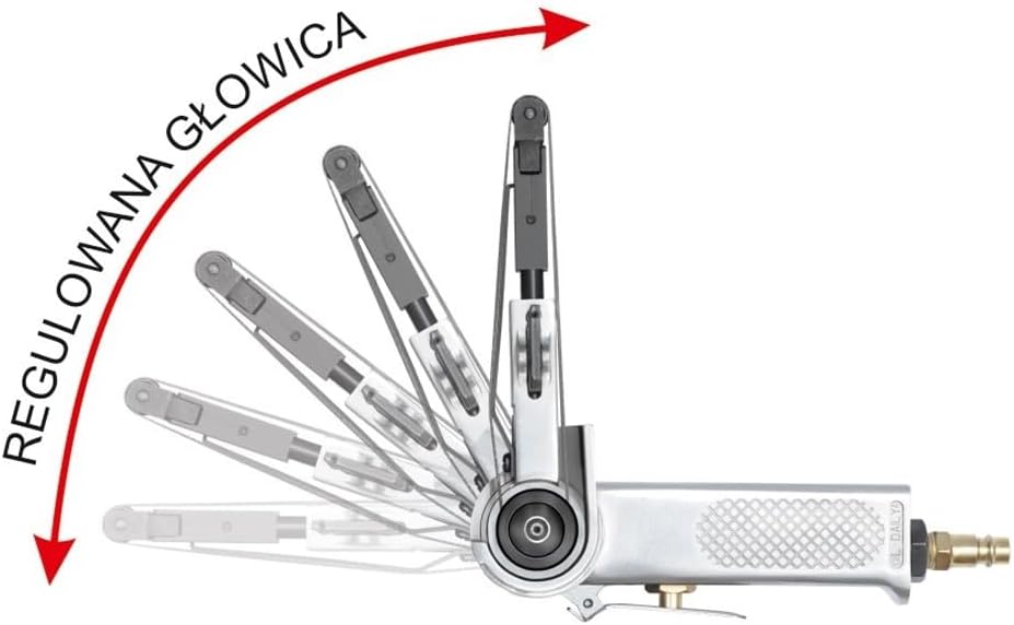 Diagram illustrating the adjustable head feature of the YATO YT-09741 Air Belt Sander, showing various angle positions.