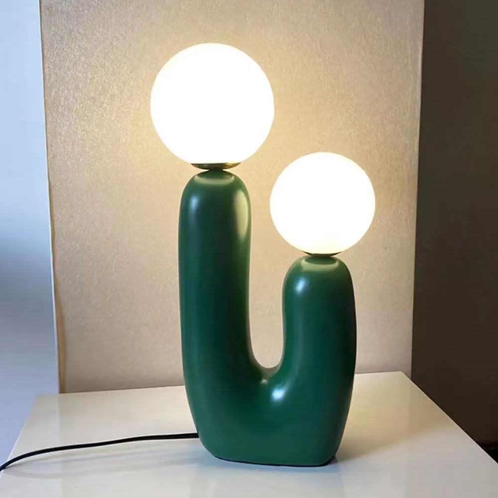 Cute Cactus Table Lamp, Glass Globe Bedside Desk Lamp, Resin Night Light for Bedroom Nightstand (Green Finish)
