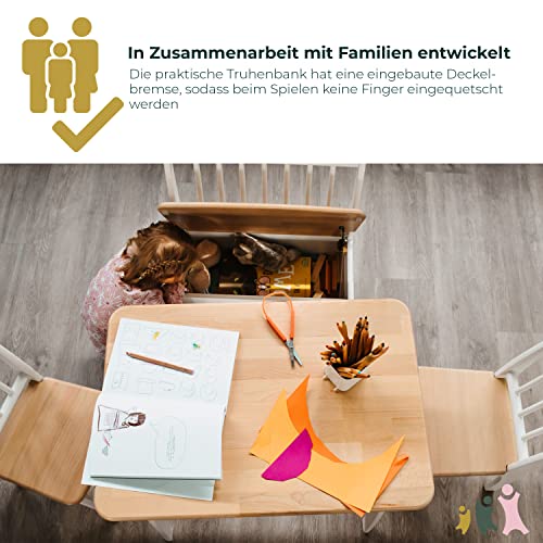 Geuther Truhenbank Bambino Sitzbank mit Stauraum Spielzeugkiste aus massivem Holz Sitztruhe mit Deckelbremse Kindgerechte Farben Ideales Kinderzimmerzubehör bis 6 Jahre Weiß/Natur