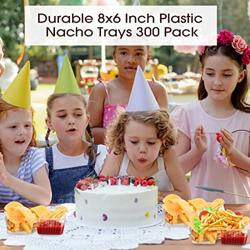 Vesici 300 Pcs 22oz Nacho Trays Disposable 2 Compartment Food Tray Concession Stand Supplies Movie Night Snack Trays Clear Plastic Cheese Dip and Chip Holder for Candy Kids School