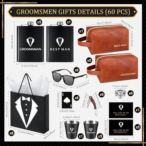 60Pcs Groomsmen Gifts Groomsmen Proposal Box with Flasks Sunglasses PU Leather Toiletry Bag Bottle Opener for Wedding Groomsman Best Man Gift (Brown)