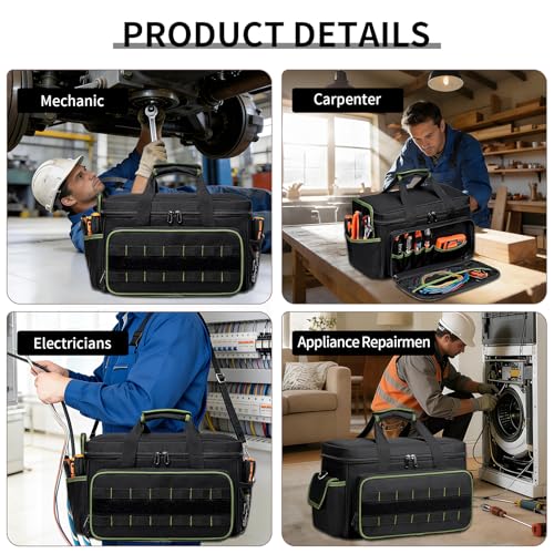 Garvee Tool Bag for Men, 17-Inch Durable Oxford Tool Tote with Padded Handle & Adjustable Shoulder Strap, Multi-Pocket Storage Organizer for Electrician, Carpenter, Handyman, Mechanic blackgreen - image 6
