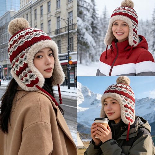 Gorro térmico de invierno para mujer con orejeras y pompón miniatura 3
