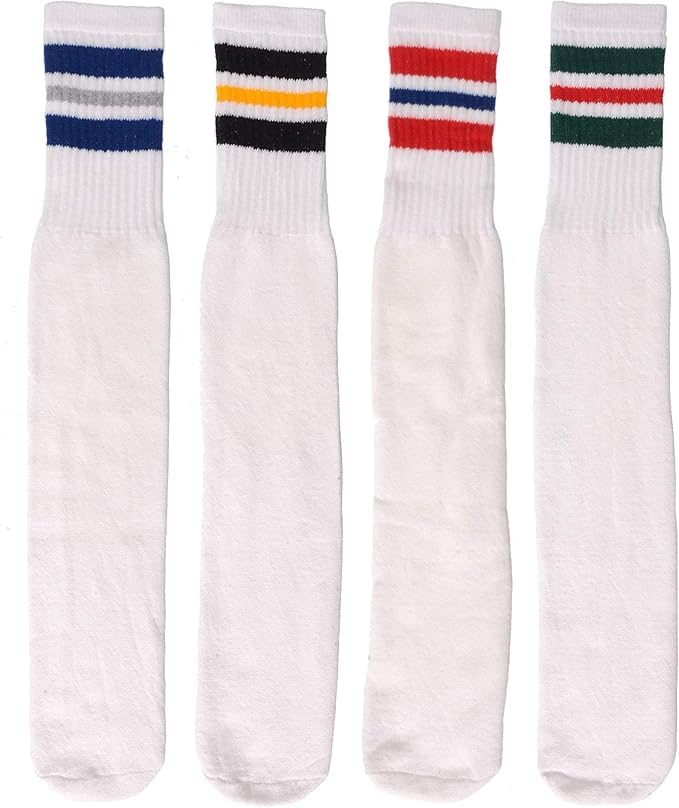 Vishii Mens Classic 13-15, 24 insh long (4 Pairs) Three Stripe Sports Tube Socks