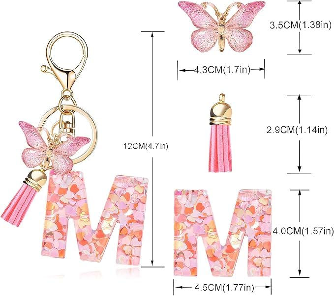 Image of GEOCARTER Lightweight Fashion Initial Letter Key Ring with Butterfly Pendant & Tassel, Stylish Purse Charm for Handbags, Car Keys, Gifts for Girls & Women