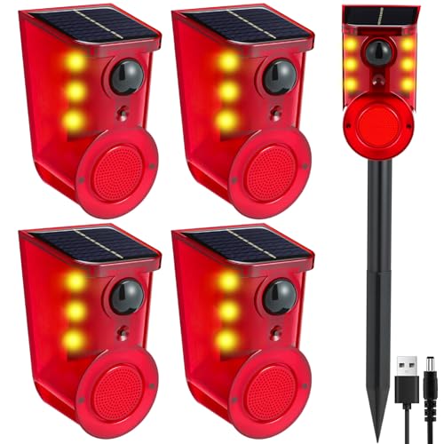 Qualirey 4 Pack Solar Outdoor Motion Sensor Alarm with Stake, 129db Sound Alert and Multi-Mode...