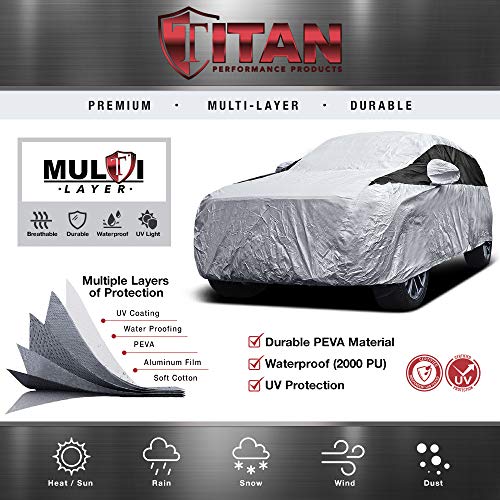 Image of Titan Premium Multi-Layer PEVA Car Cover for Mid-Size SUV 188-206 inch. Waterproof, UV Protection, Anti-Scratch Protective Lining, Driver-Side Zippered Opening. Fits Explorer, Grand Cherokee and More.